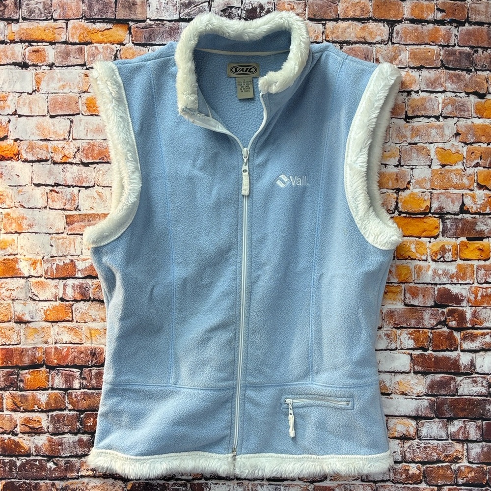 Cozy Blue Fleece Jacket with White Fur Trim Vail Logo  Left Zip Pocket Large